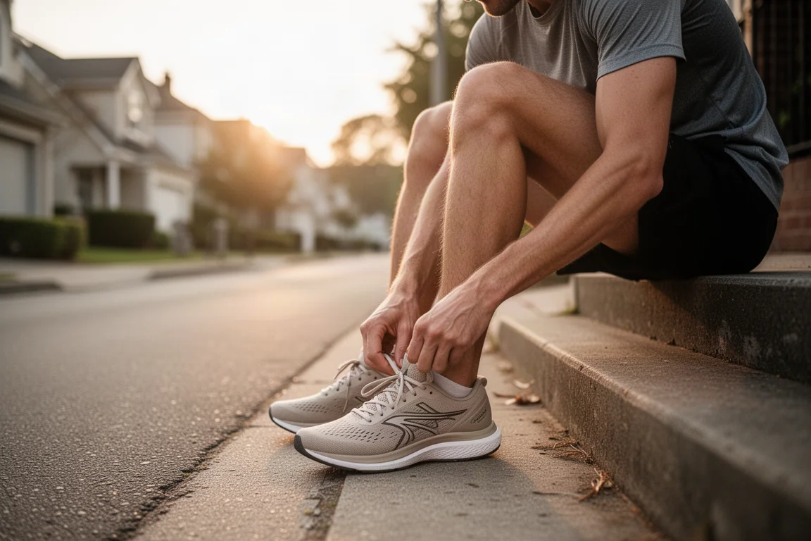 Un corredor se ata los cordones de sus zapatillas en una tranquila carretera suburbana al amanecer