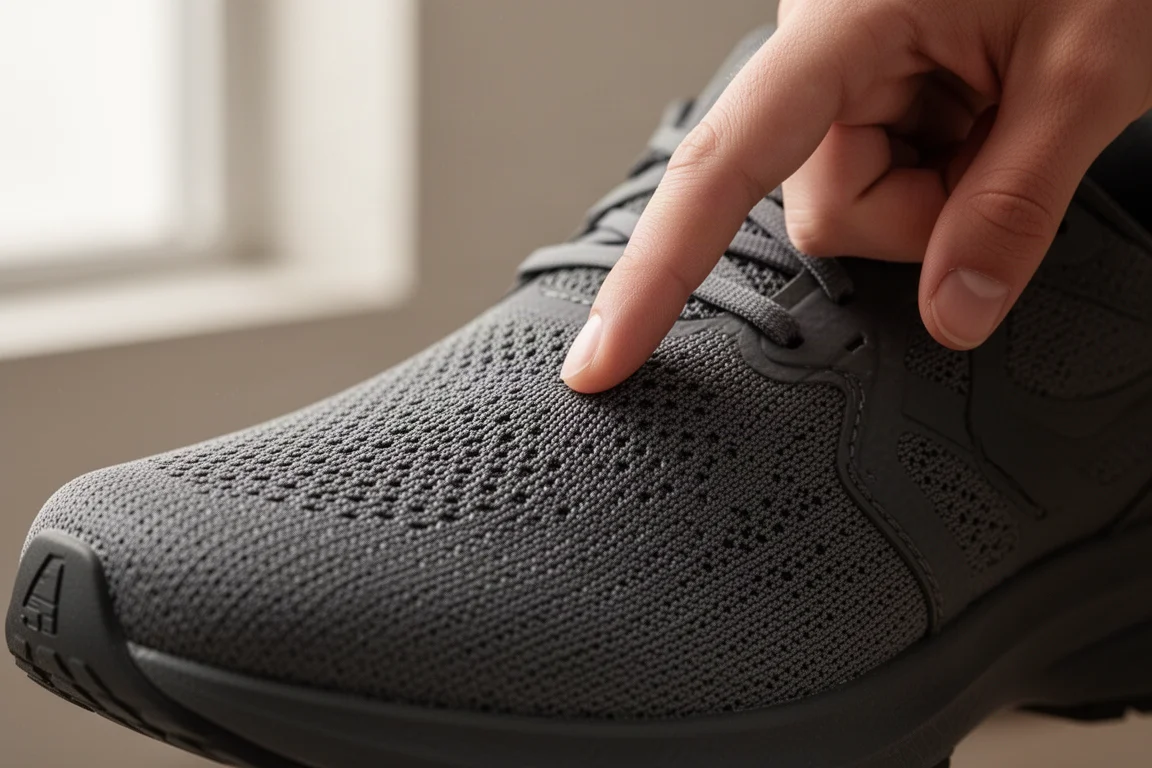Primer plano de un upper textil flexible de zapatilla de running presionado por un dedo