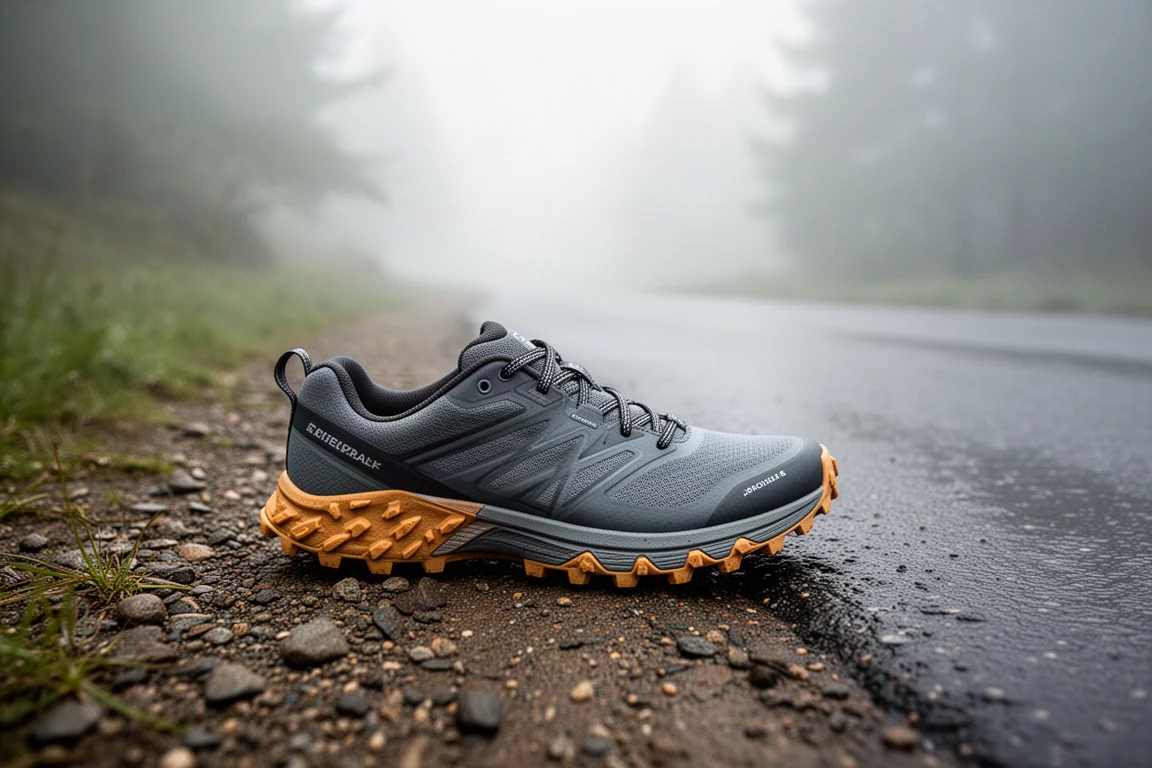 Trail running shoe on wet gravel path in winter weather