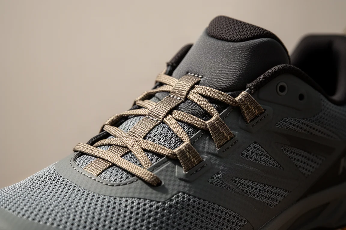 Close-up of a trail shoe's neoprene tongue and lace loop system