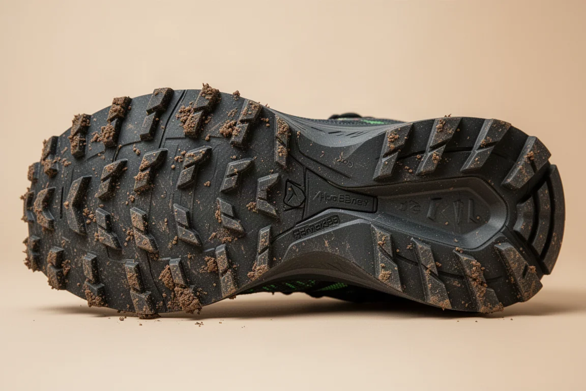 Thick multidirectional lugs on the outsole of a trail shoe
