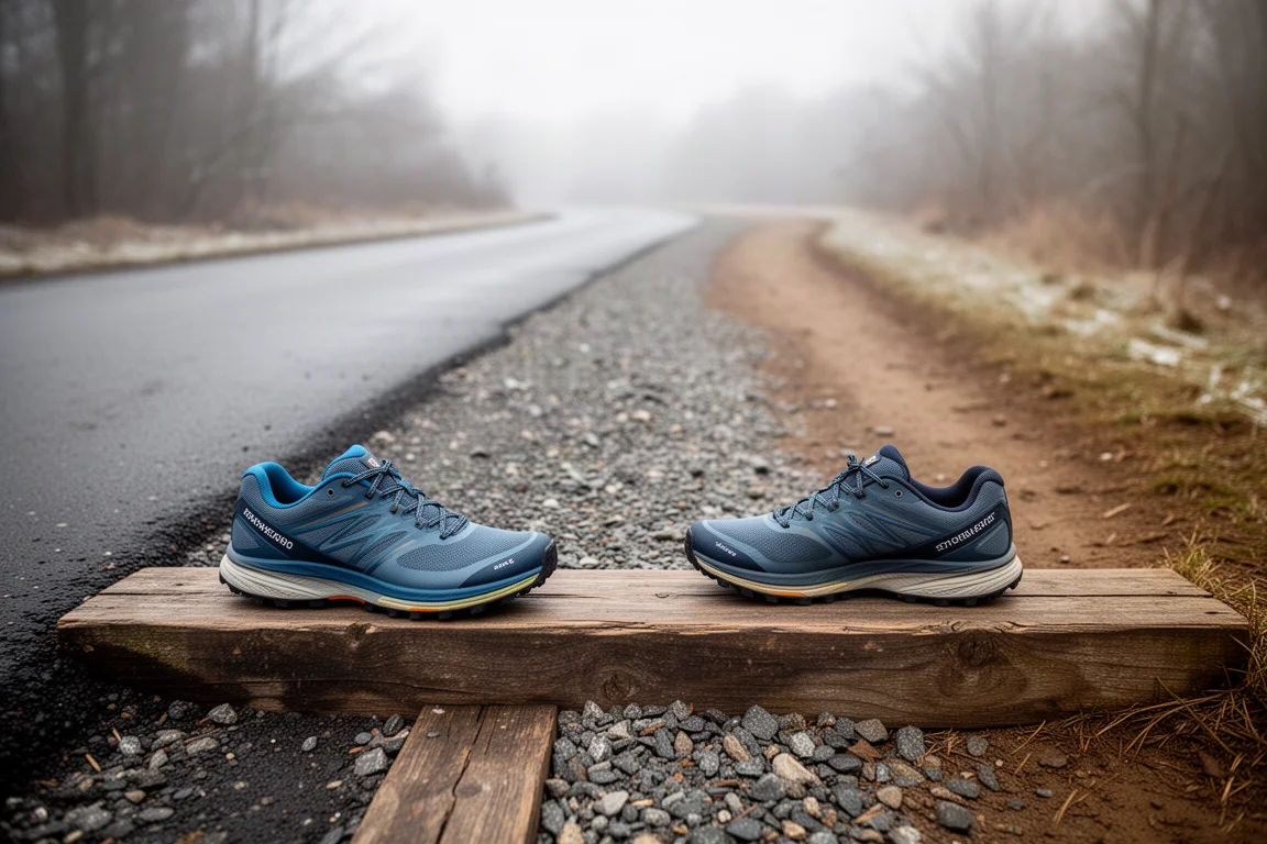 Trail shoe resting on a wooden step on a mixed gravel and tarmac route