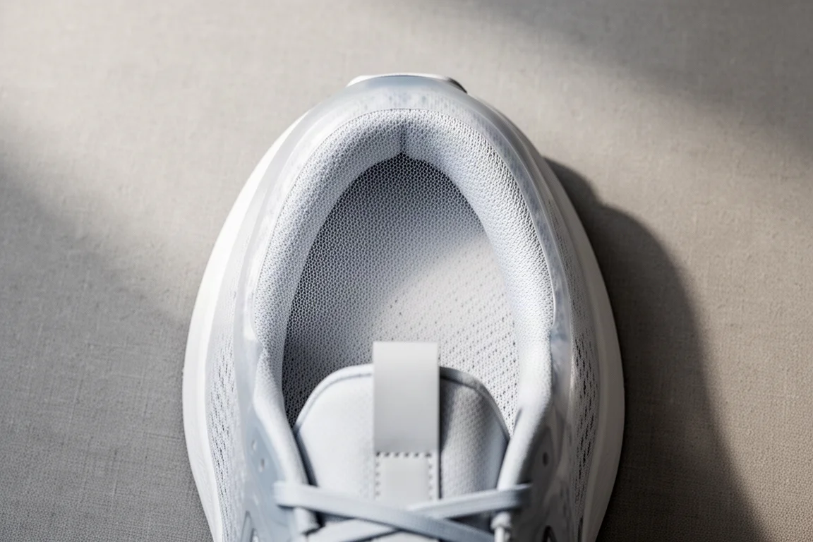 Gros plan sur la tige en mesh fine et respirante et la languette rembourrée d'une chaussure de running