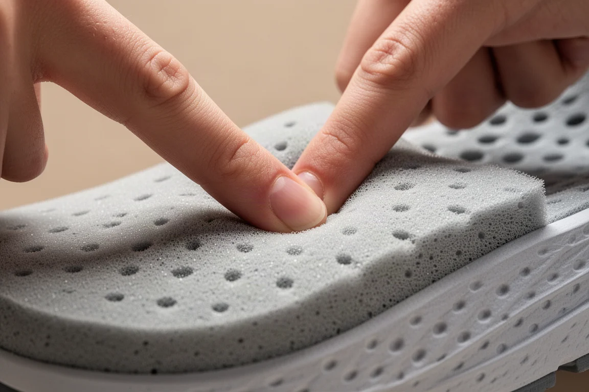 Mousse intermédiaire d'une chaussure de running pressée par un pouce pour montrer son rebond