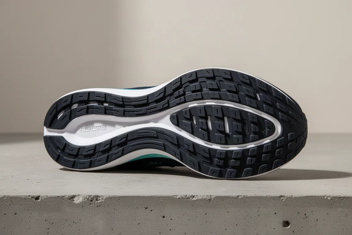Semelle extérieure entièrement en caoutchouc d'une chaussure de running posée sur du béton