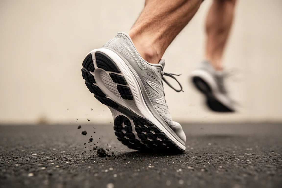 Deux chaussures de running différentes côte à côte sur un sol de studio