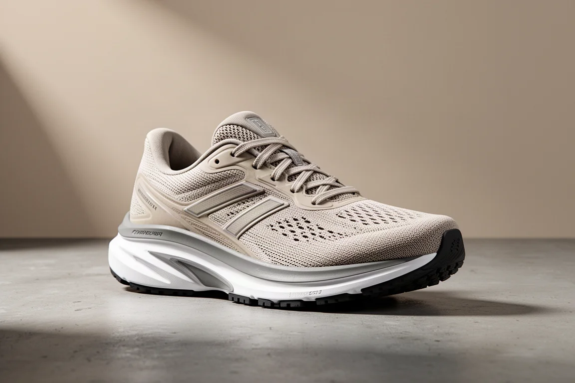 Ivory lightweight running shoe with white midsole on a concrete surface