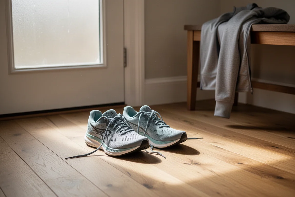 Un corridore allaccia scarpe leggere da allenamento quotidiano davanti a una porta prima di una corsa facile