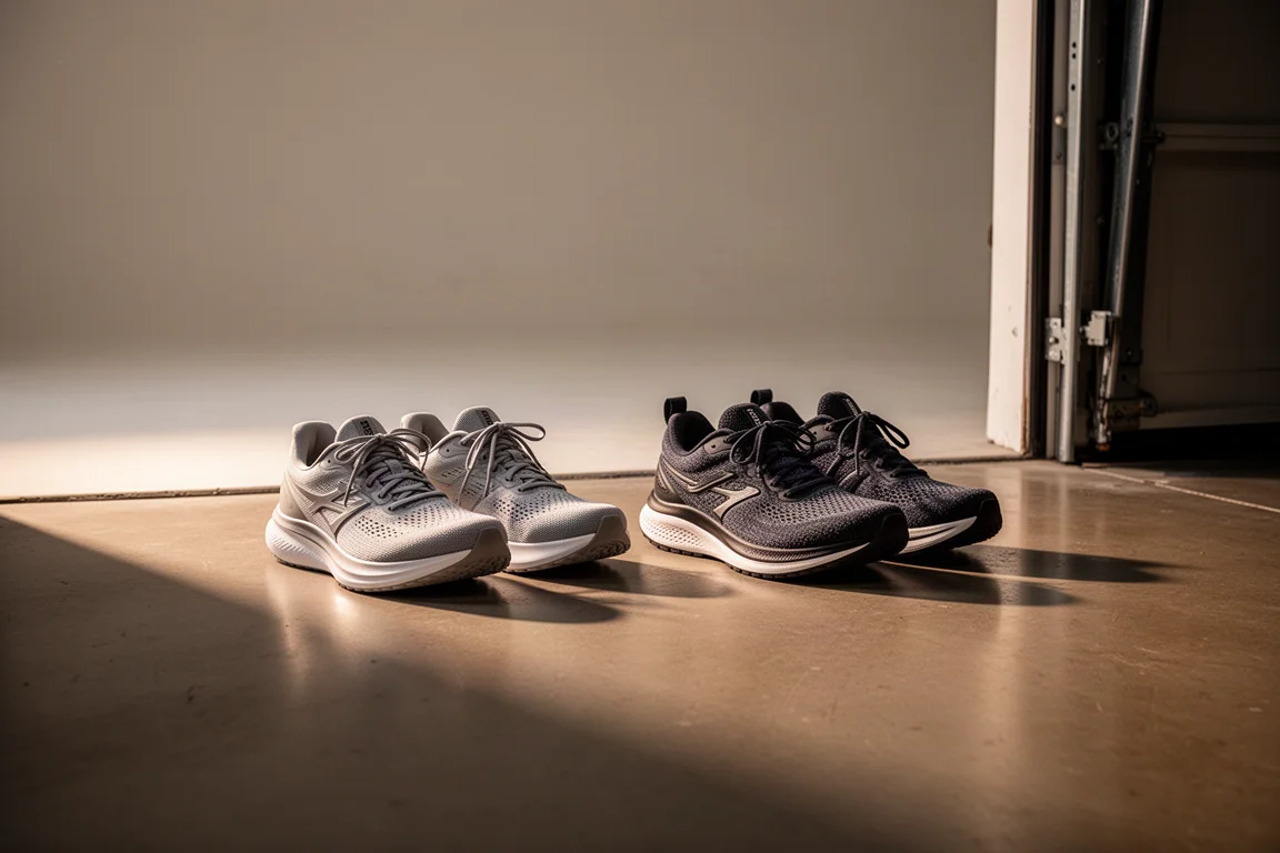 Due paia di scarpe da allenamento quotidiano affiancate sul pavimento di un garage prima di una corsa