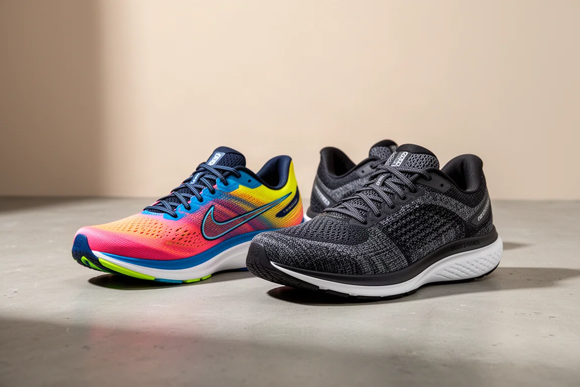 Two pairs of running shoes side by side on a concrete surface