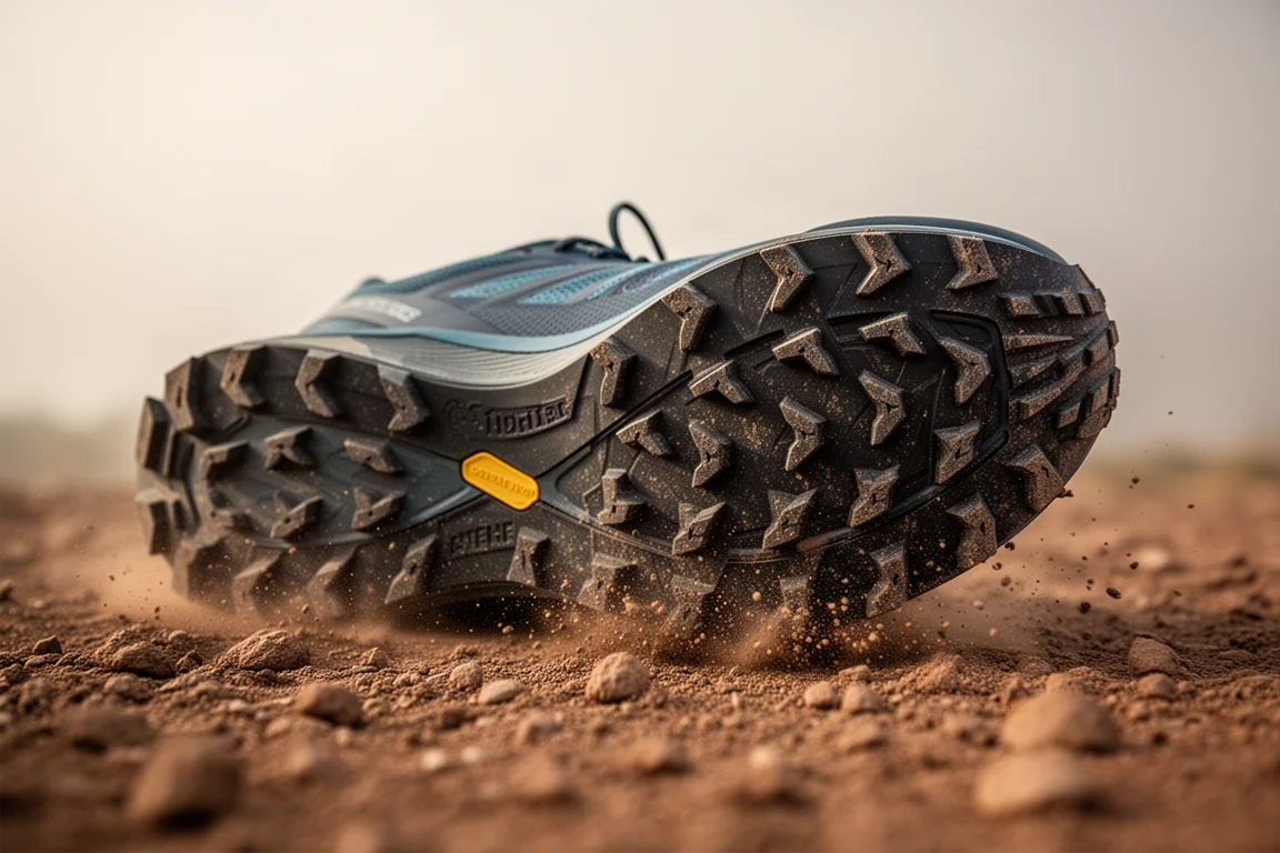 Trail shoe with deep lugs gripping a packed dirt trail surface