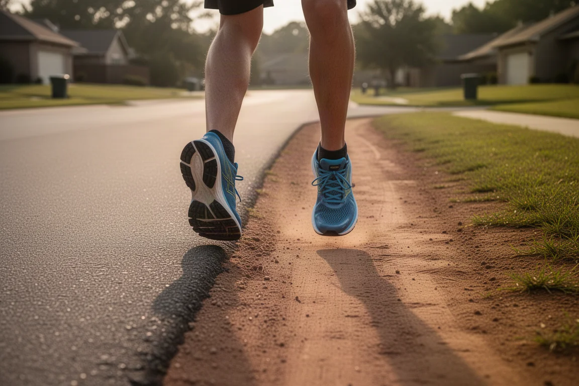Runner transitioning from a paved road onto a dirt trail