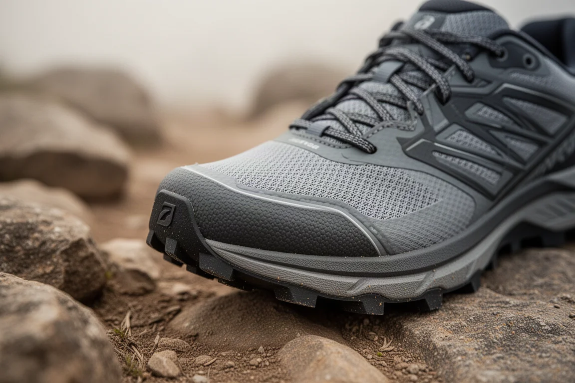 Trail shoe toe guard detail on a rocky trail section