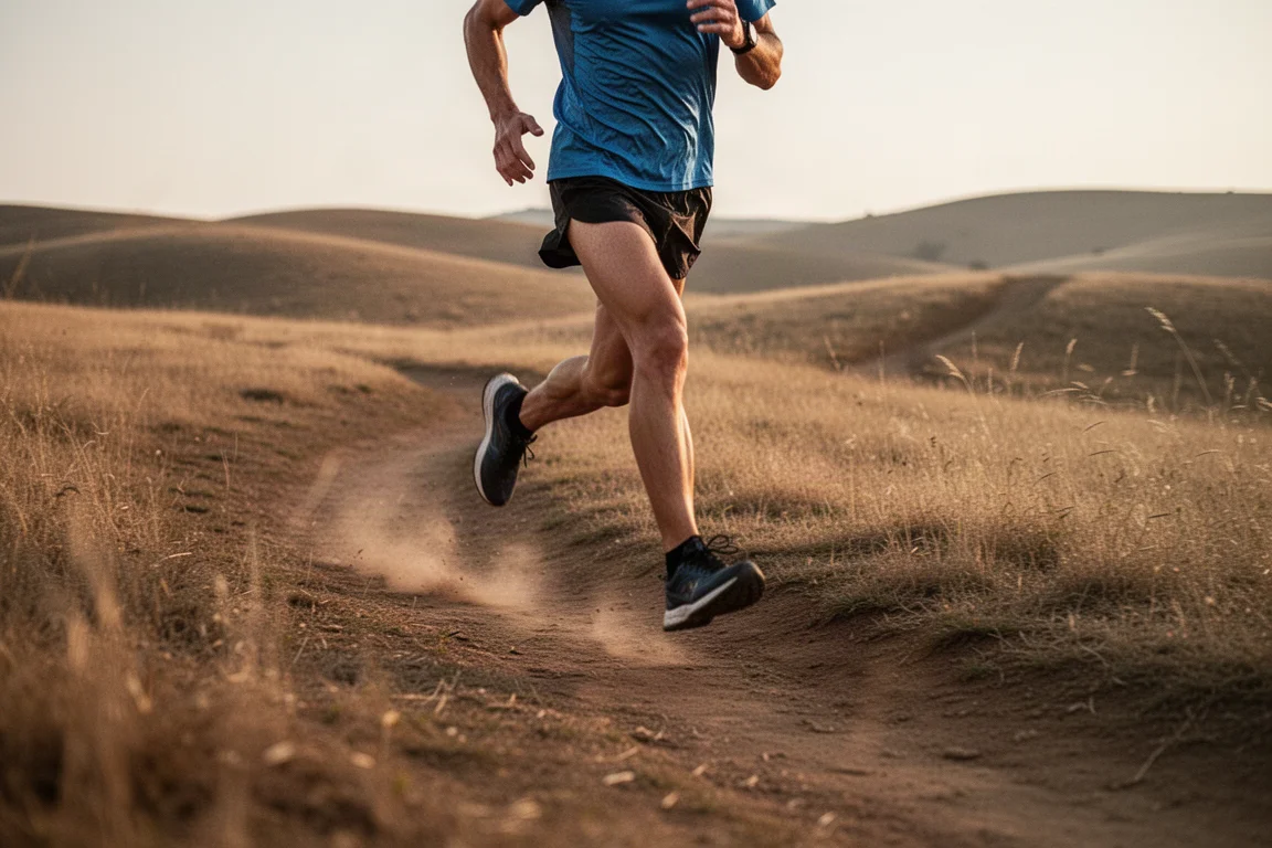 Trail runner making quick turns on a rolling trail