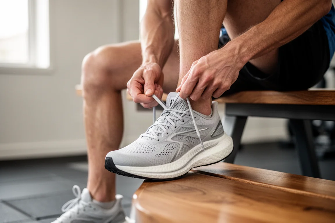 Runner lacing up a lightweight racing shoe with a tall foam midsole on a gym floor