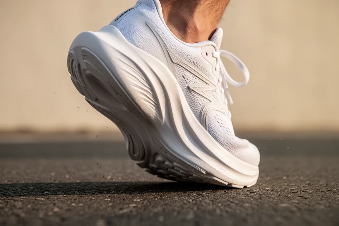 Close-up of a thick white foam midsole mid-compression during a stride