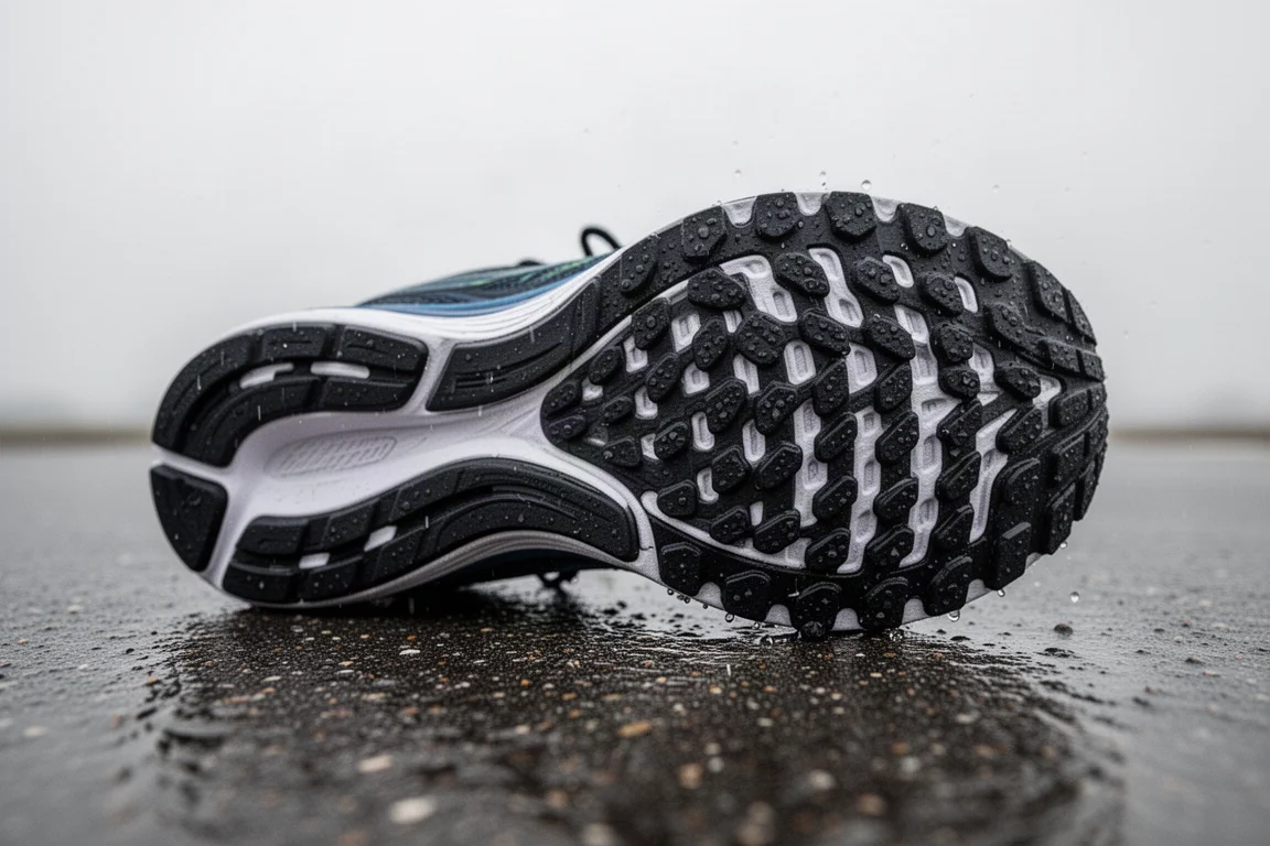 Rubber outsole lugs of a running shoe gripping wet pavement