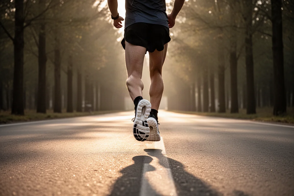 Runner finishing a tempo interval on an empty road in soft evening light