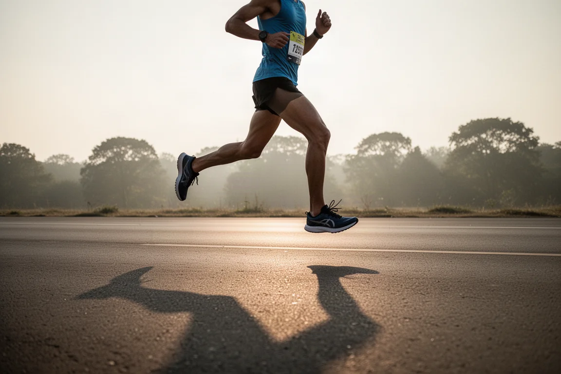 Corredor manteniendo el ritmo de medio maratón en una carretera abierta con luz suave de la mañana