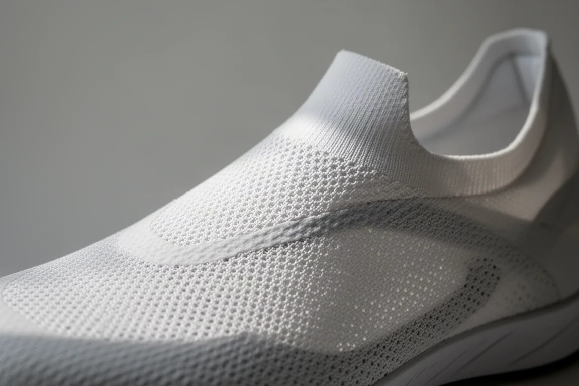 Primer plano del upper fino y ligero de una zapatilla de competición con material mínimo sobre el antepié