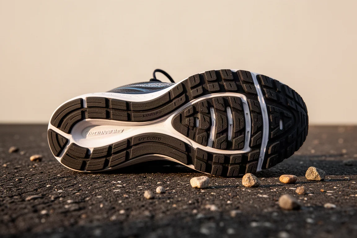 Suela exterior de una zapatilla de running con tacos de goma apoyada sobre asfalto rugoso