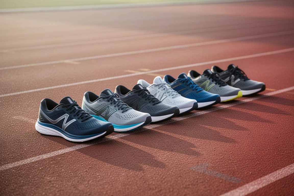 Fila de zapatillas de running alineadas sobre una pista antes de una sesión de entrenamiento