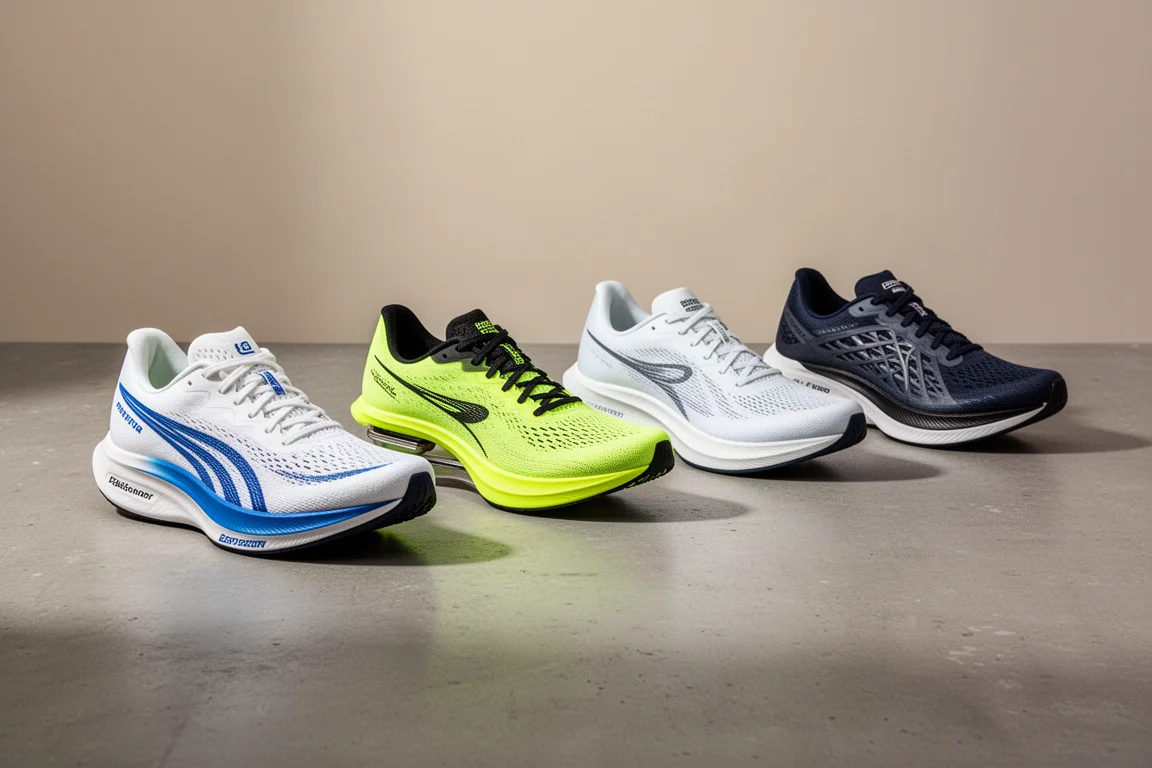 Five plated running shoes arranged in a row on a concrete surface