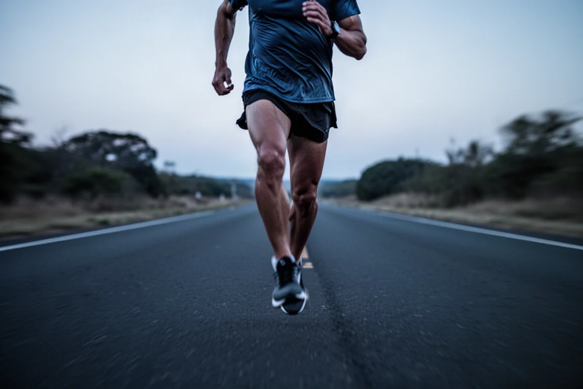 Corredor sobre una cinta de correr en un gimnasio casero con luz suave