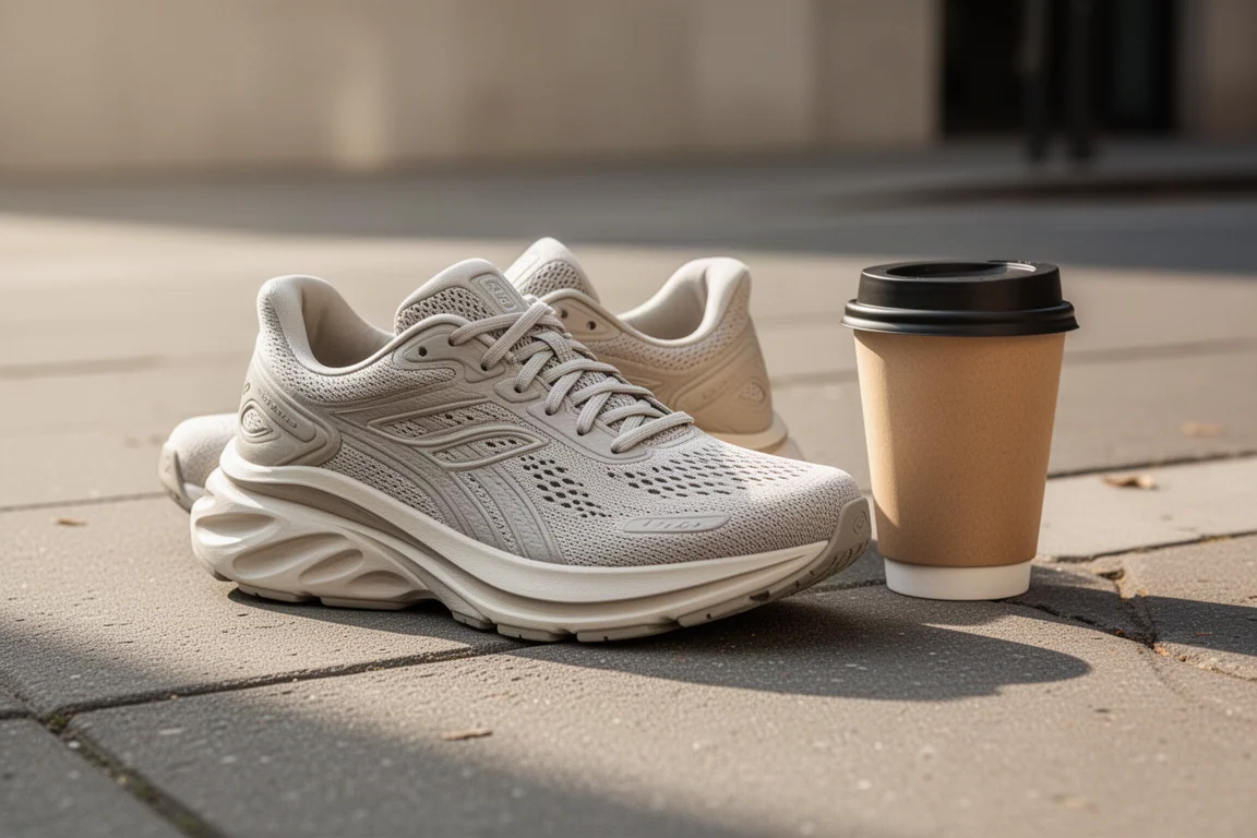 Retroinspirerad löparsko på ett betonggolvbredd vid en kaffekopp