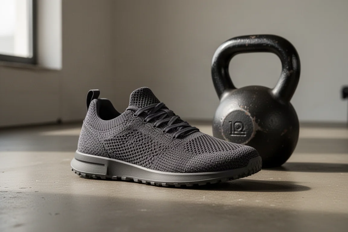 Reebok Nano X1 cross-training shoe on a concrete gym floor beside a kettlebell
