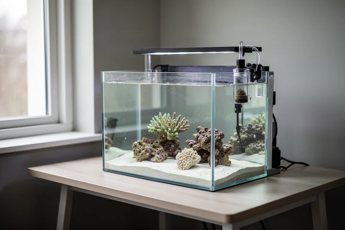Aquário recifal nano all in one sobre uma mesa ao lado de uma janela com luz suave