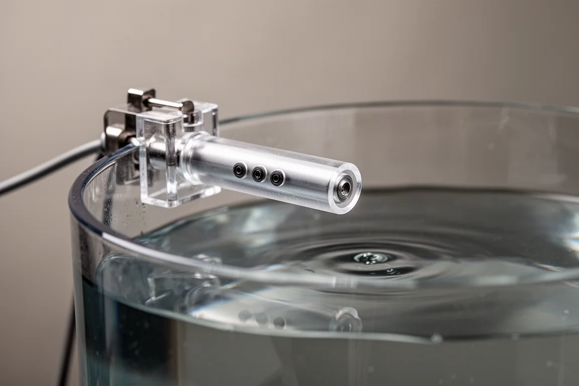 Close-up de uma sonda sensor fina presa à borda de uma câmara de sump sem borda
