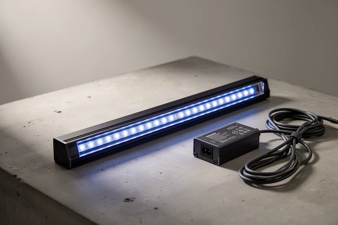 コンクリート表面に置かれたReef Bright XHO K Series LEDアドオンストリップと電源ユニット