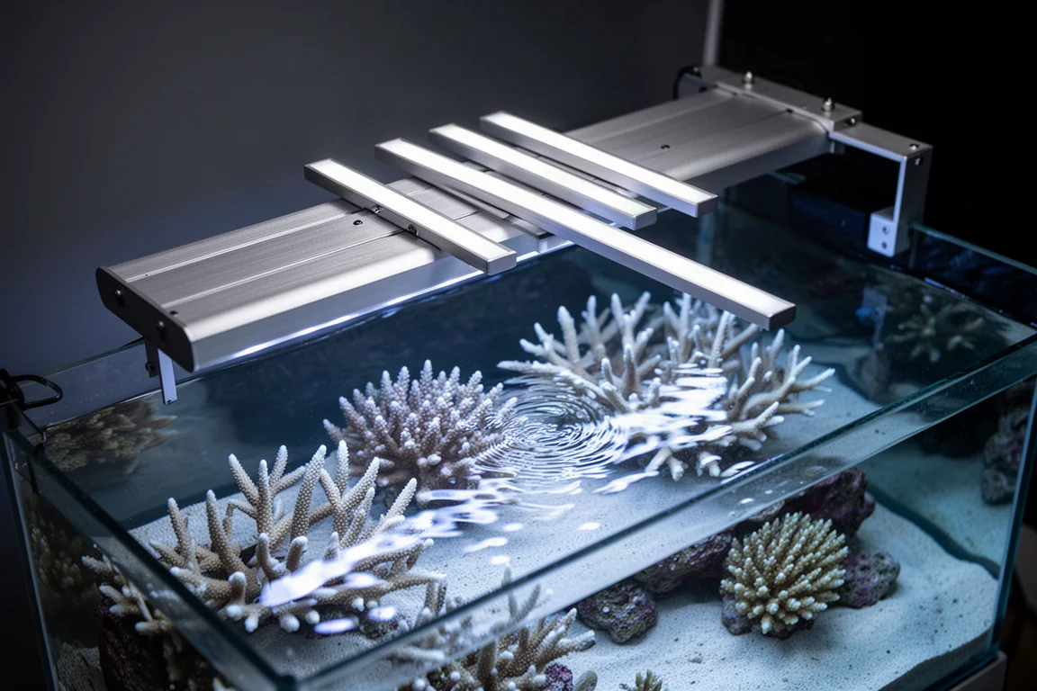 浅いリーフアクアリウムで枝状サンゴを照らすスリムなアルミ製LEDストリップ