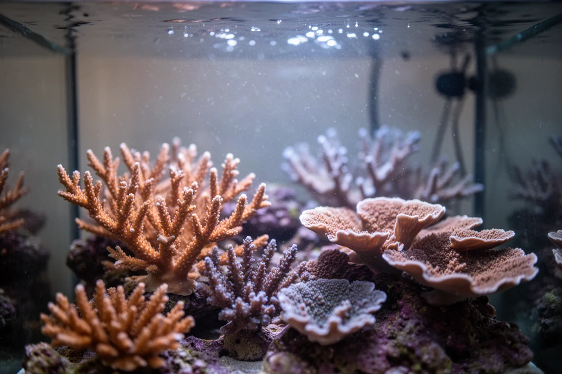 Reef aquarium with corals and suspended microplankton under blue-white lighting