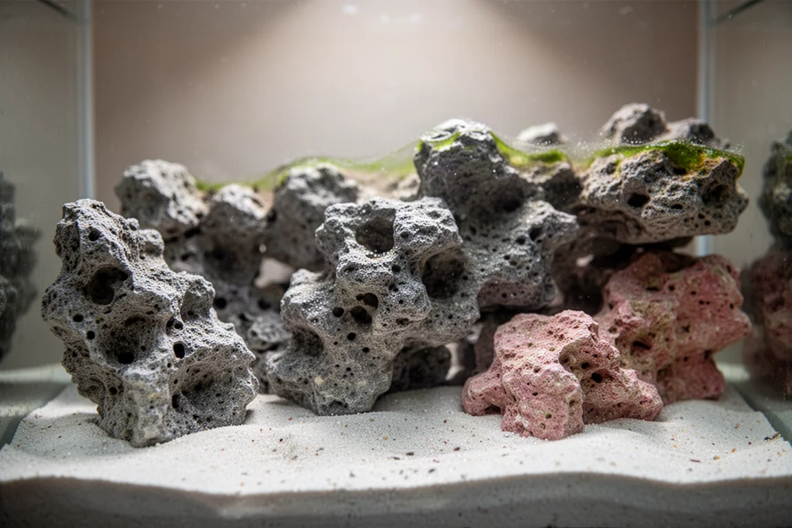 Close-up of porous live rock and a sand bed inside a reef aquarium
