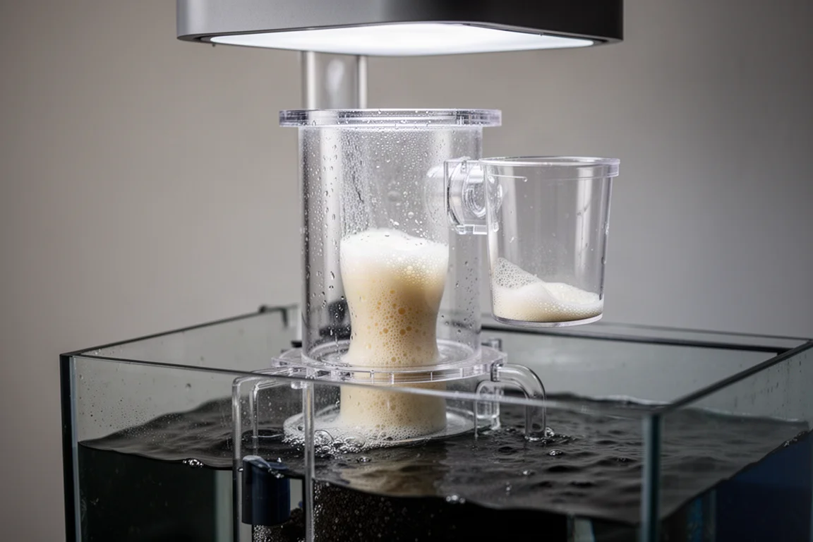 Protein skimmer with foam in the collection cup inside an aquarium sump