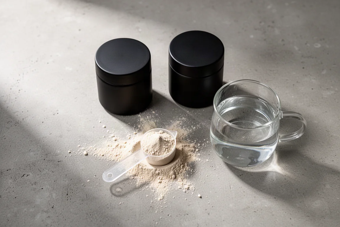 Two black jars, a measuring scoop, and a glass of water on a concrete surface