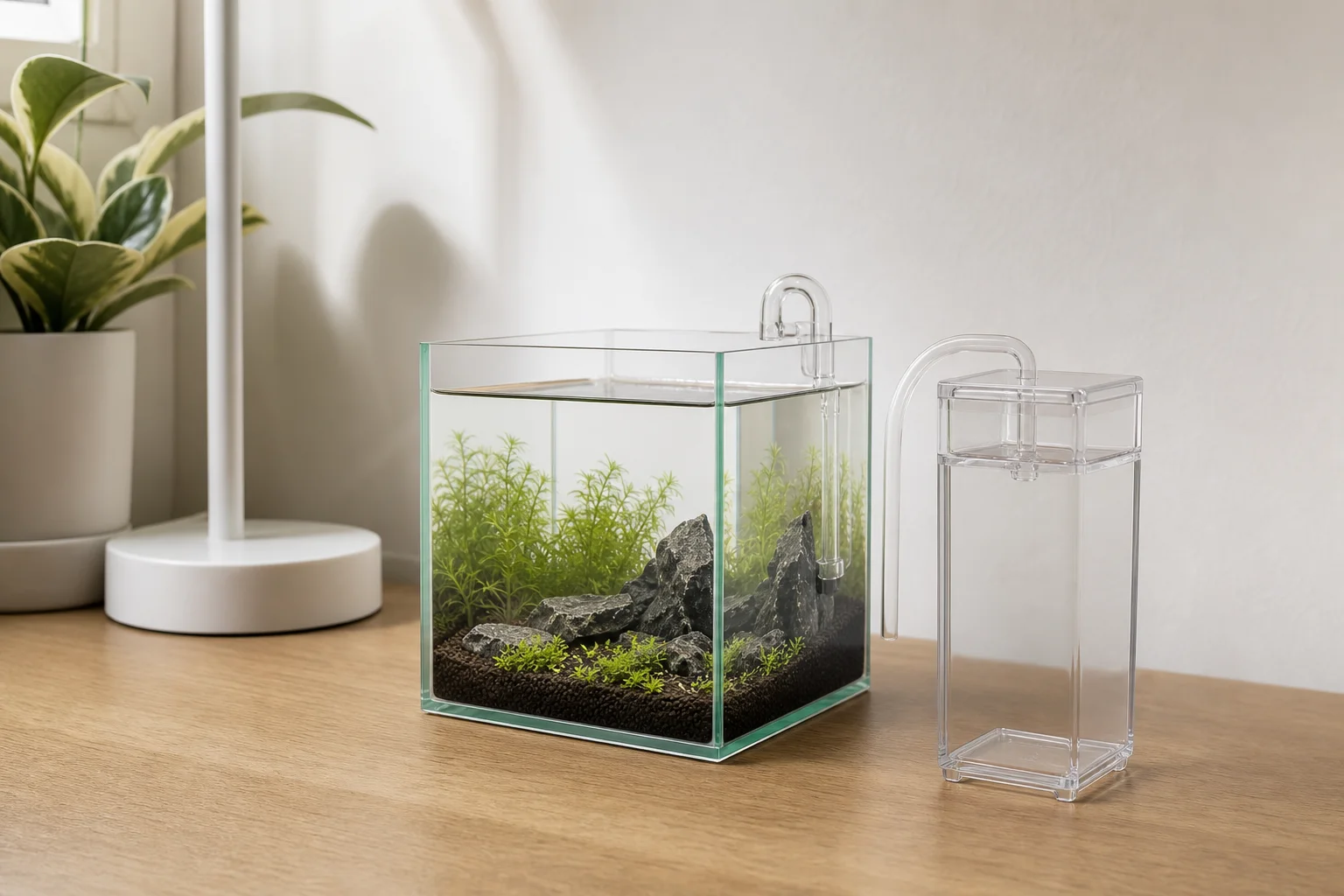 Compact auto top-off reservoir sitting beside a small aquarium on a desk