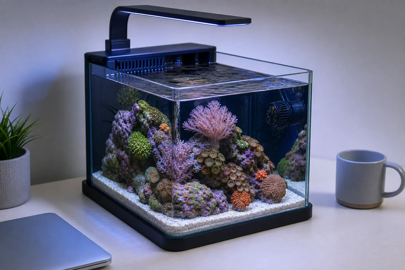 Reef Casa 6-gallon pico tank with soft corals and blue LED lighting on a desk