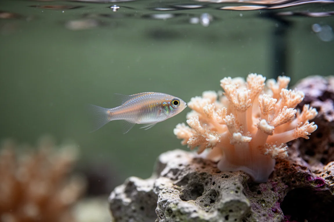 Tiny juvenile clownfish hovering beside soft coral in a nano reef aquarium