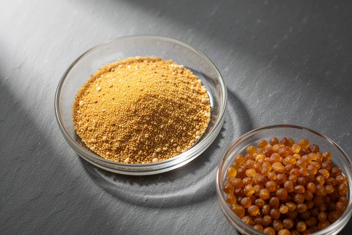 Macro of fine golden-brown fish food granules in a shallow glass dish