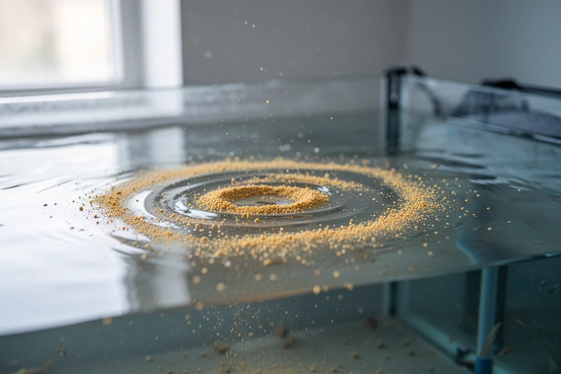 Fine fish food granules dispersing across the water surface of a rearing tank