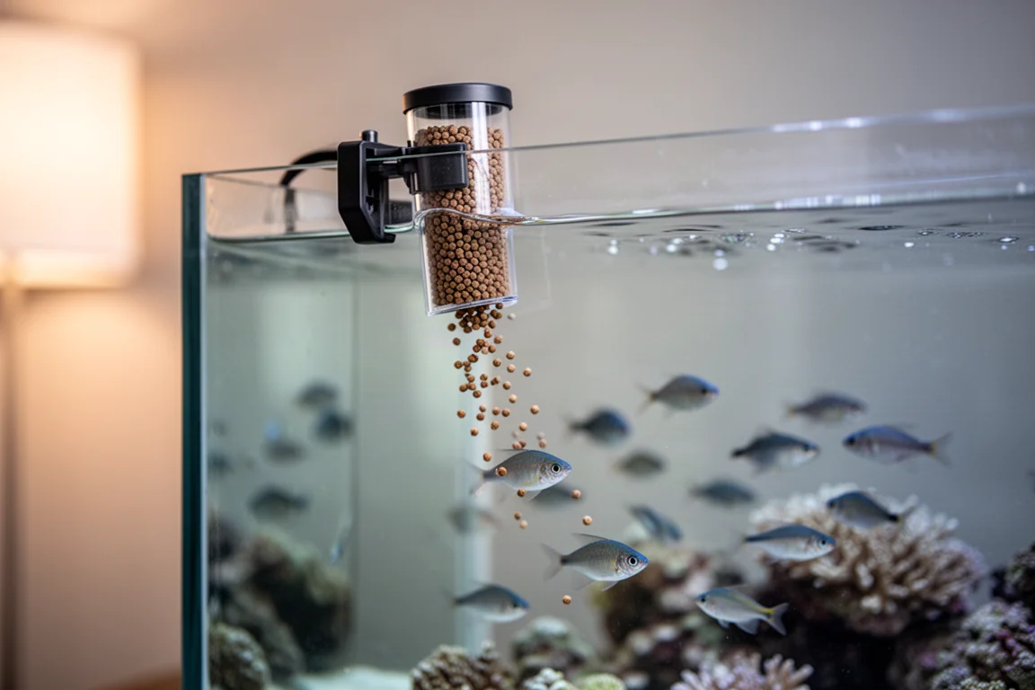 Automatic feeder releasing pellets into a rimless reef aquarium