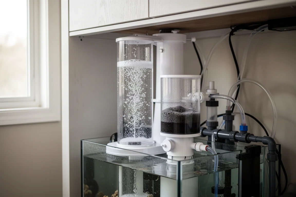 Revakvarium-sump med en proteinskummare i drift och en synlig uppsamlingskopp fylld av skum