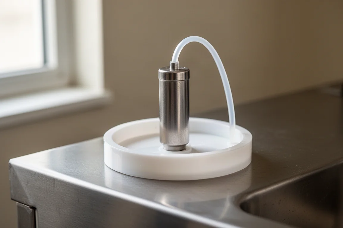 Närbild på locket till en proteinskummarens uppsamlingskopp med flottörbrytare