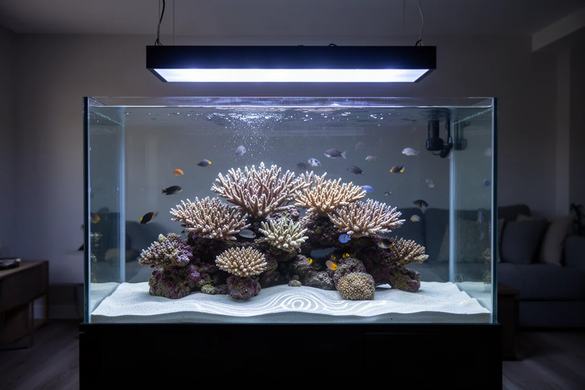 Ausgewachsenes Riffaquarium mit Korallen und sanfter Wasserbewegung unter blauer Beleuchtung
