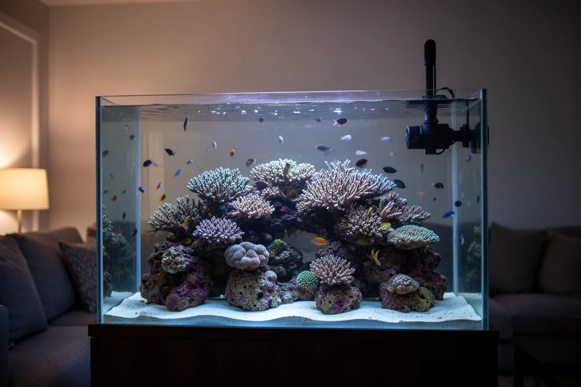 Riffaquarium am Abend, leuchtend in einem ruhigen Wohnzimmer mit dichtem Korallenwuchs