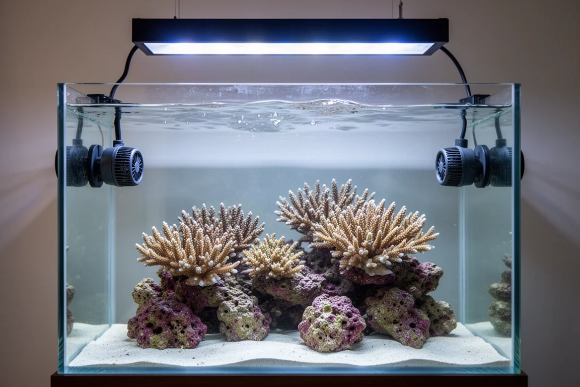 Reef aquarium with two low-profile propeller pumps on opposite glass panels