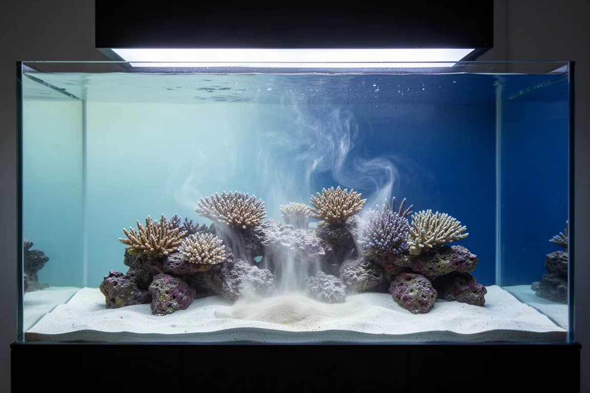 Large reef tank with sandy bed and sediment lifting into the water column
